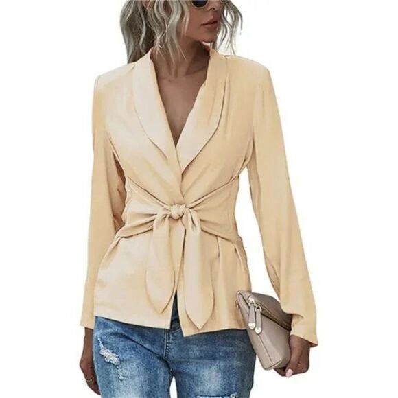 Women's V Neck Blazer Jacket Self Tie Knot Khaki or Beige - Picture 6 of 12